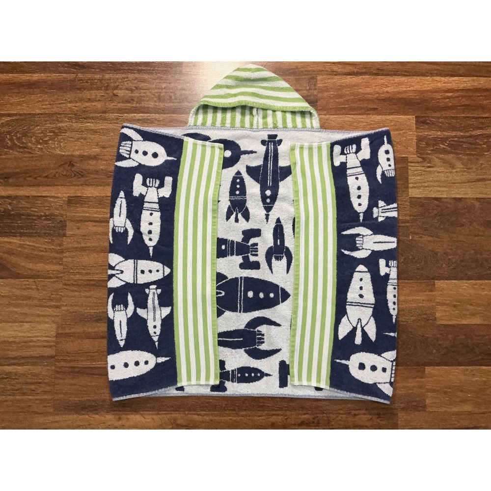 Pottery Barn Kids Navy ROCKET SHIPS Green Stripes Hooded Bath/Beach Towel